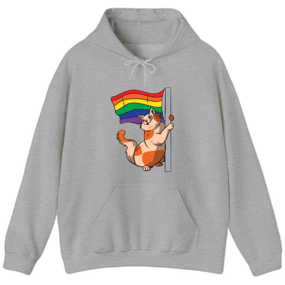 Cartoon cat holding rainbow pride flag with celebratory expression and playful pose in Sport Grey