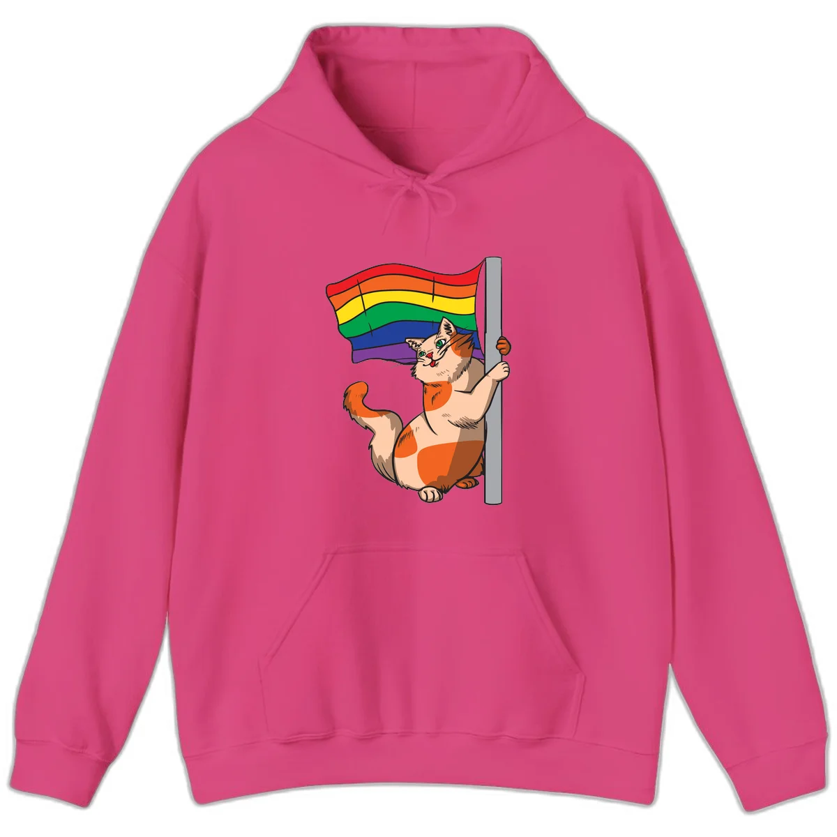 Cartoon cat holding rainbow pride flag with celebratory expression and playful pose in Heliconia