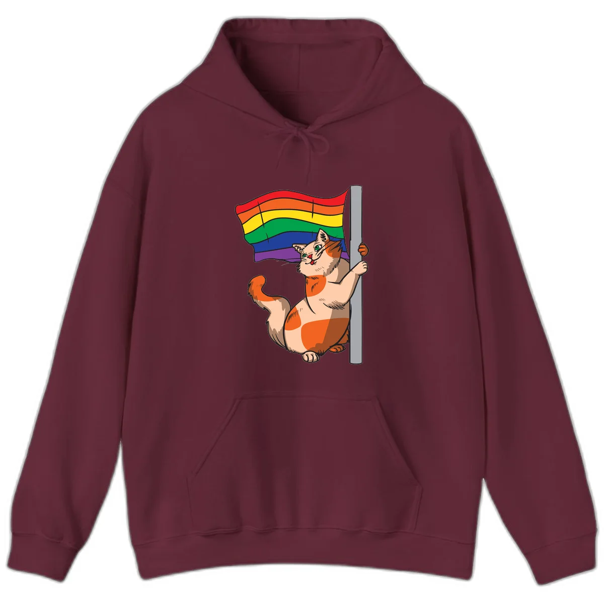 Cartoon cat holding rainbow pride flag with celebratory expression and playful pose in Maroon