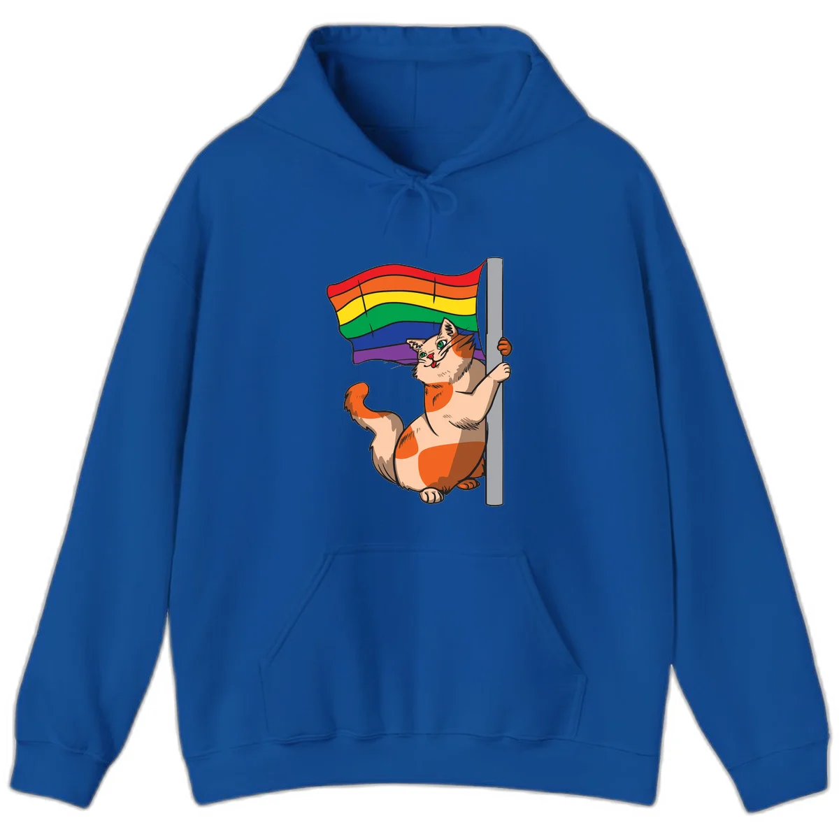 Cartoon cat holding rainbow pride flag with celebratory expression and playful pose in Royal