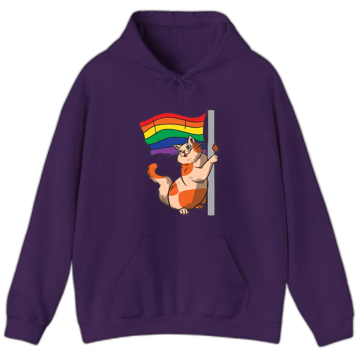 Cartoon cat holding rainbow pride flag with celebratory expression and playful pose in Purple