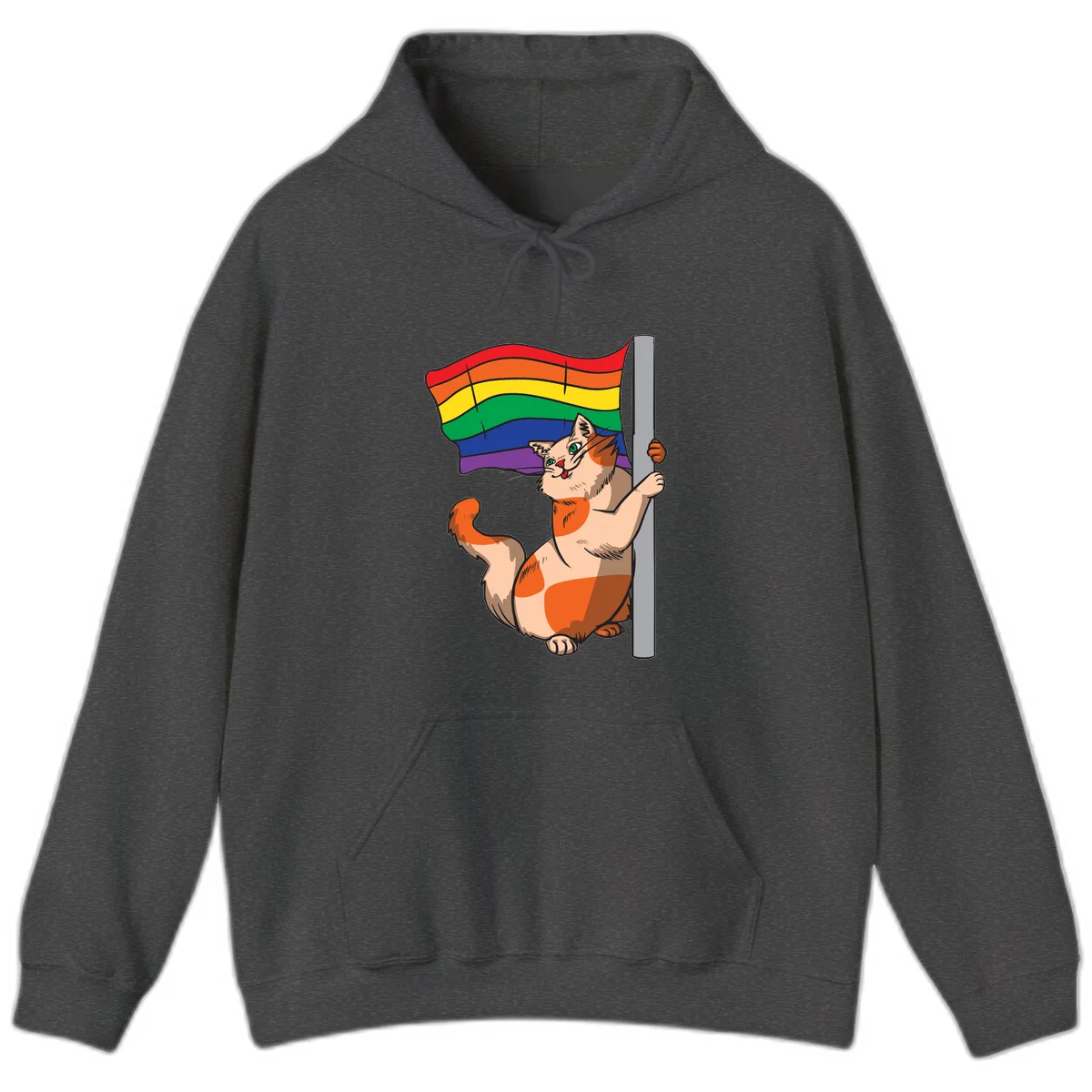 Cartoon cat holding rainbow pride flag with celebratory expression and playful pose in Dark Heather