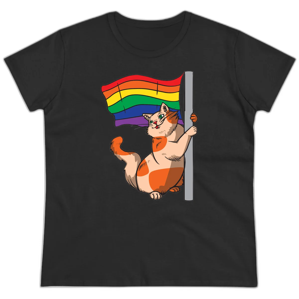 Cartoon cat holding rainbow pride flag with celebratory expression and playful pose in Black