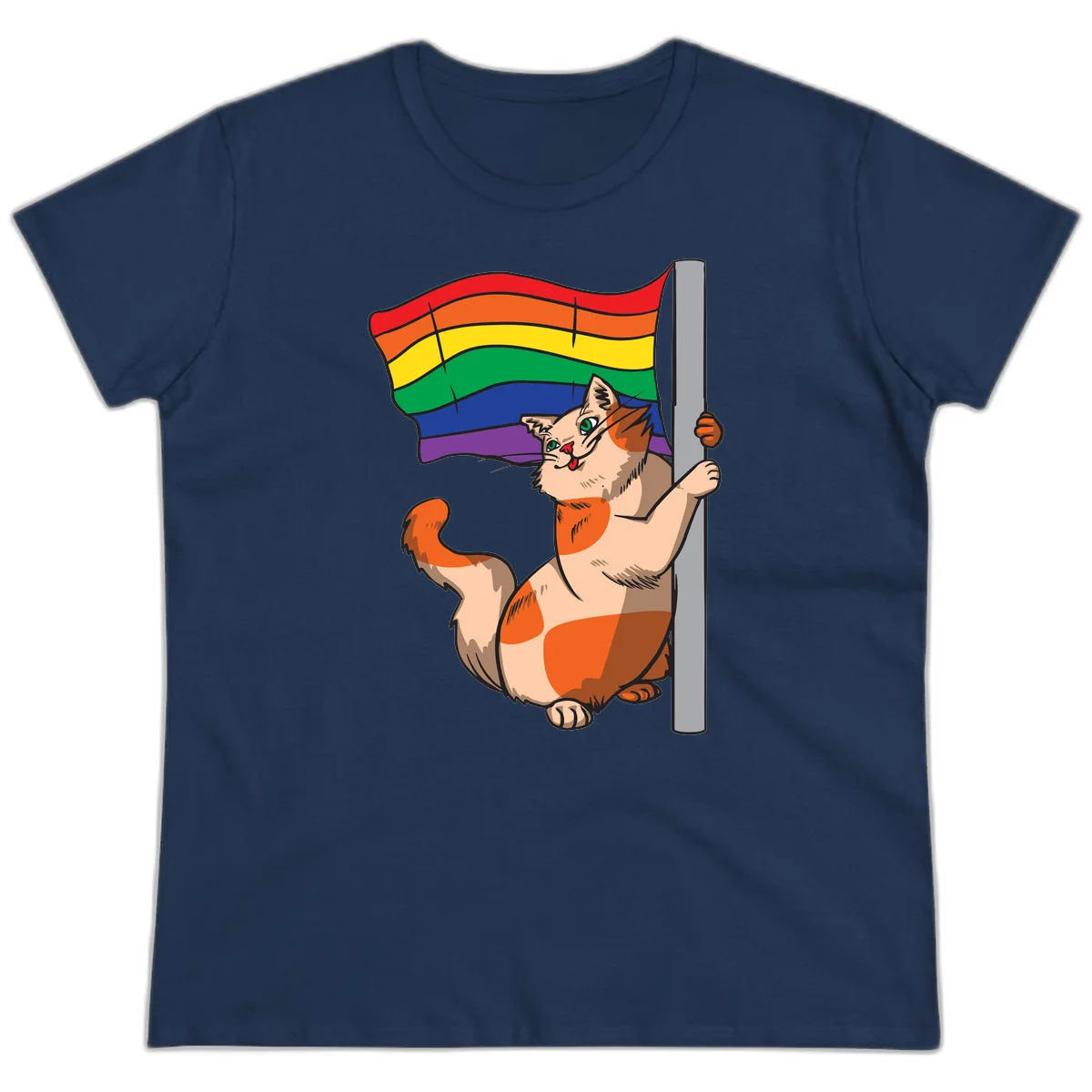 Cartoon cat holding rainbow pride flag with celebratory expression and playful pose in Navy