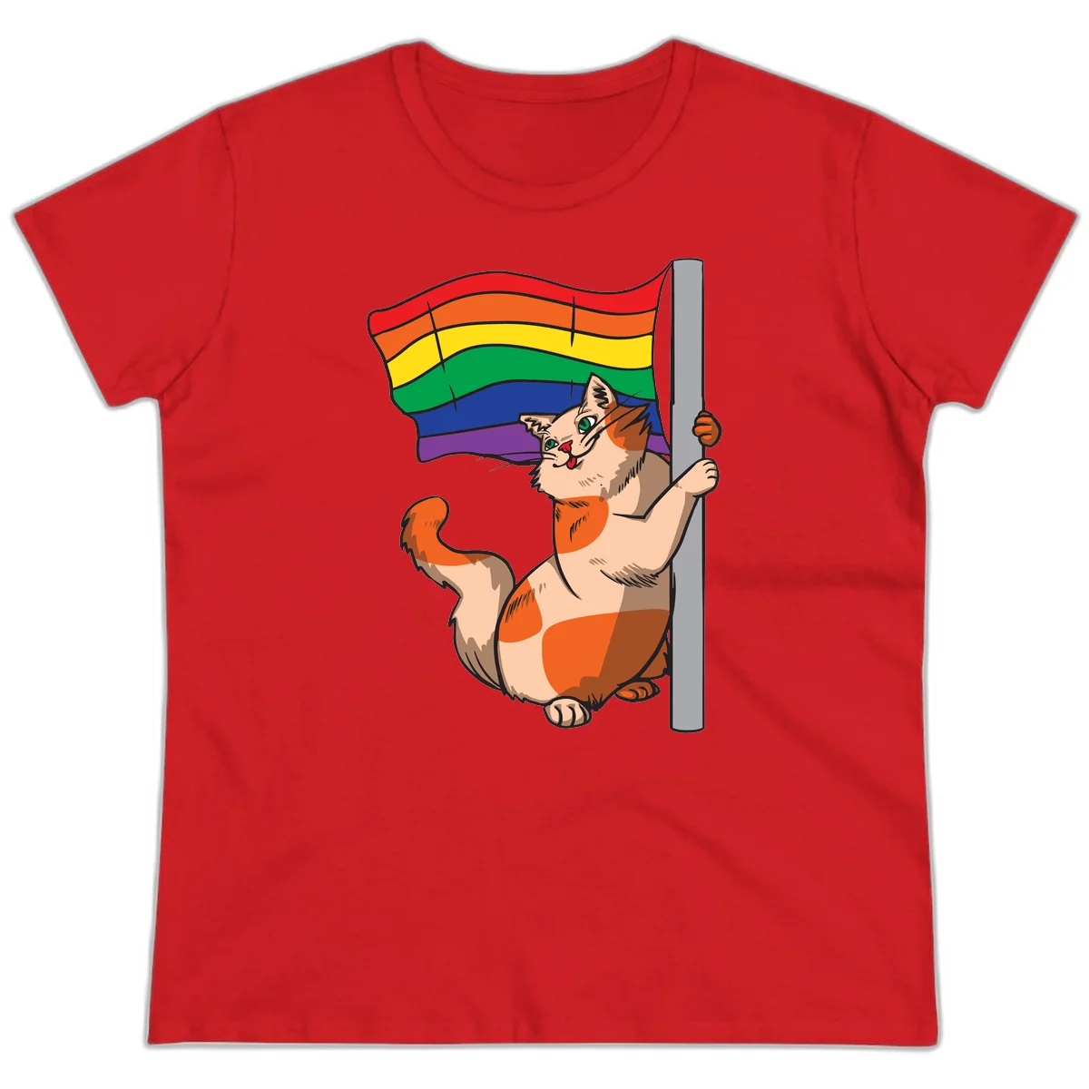 Cartoon cat holding rainbow pride flag with celebratory expression and playful pose in Red