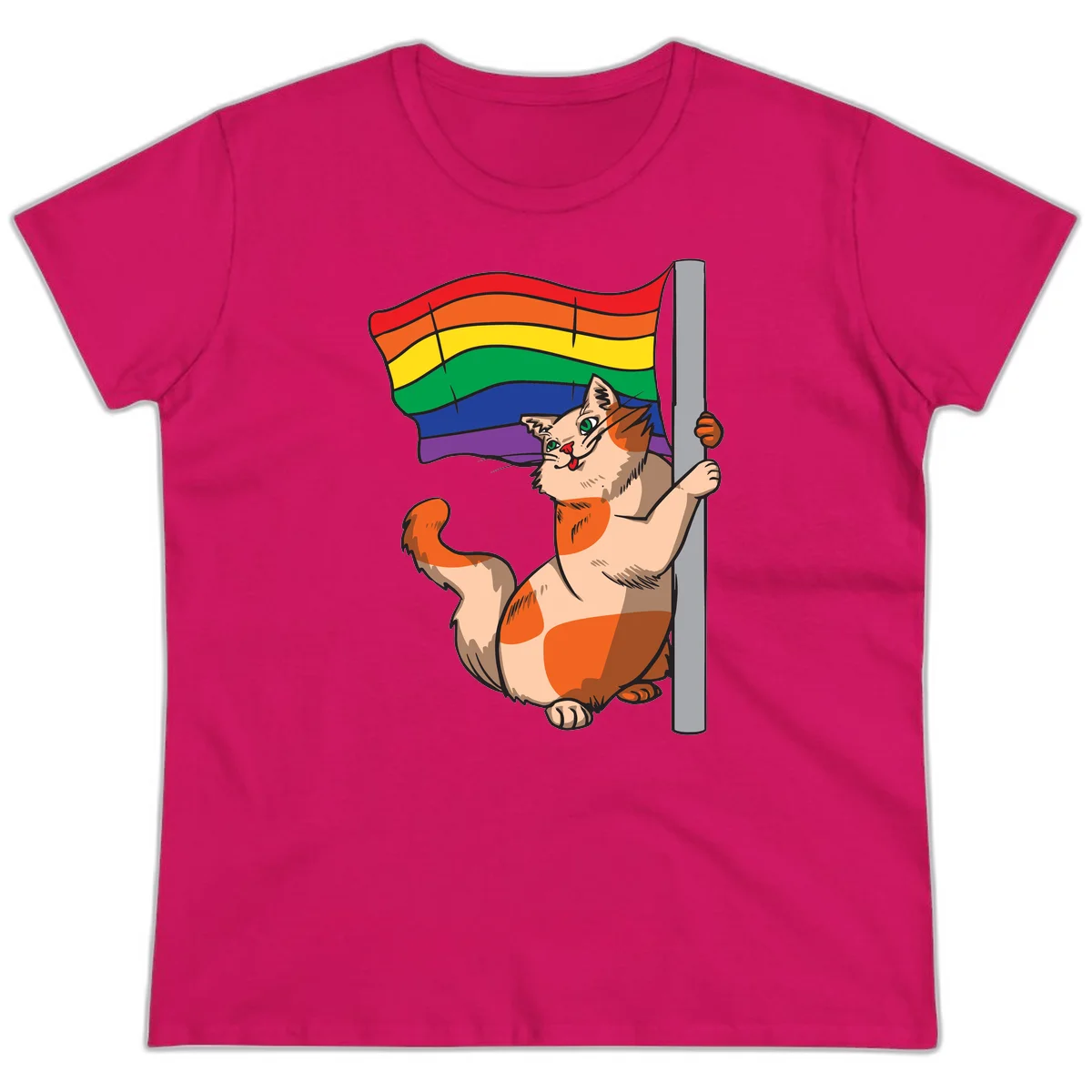 Cartoon cat holding rainbow pride flag with celebratory expression and playful pose in Heliconia