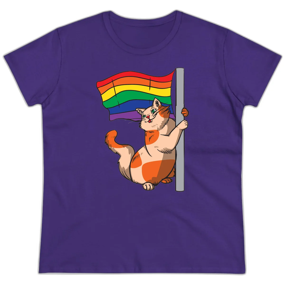 Cartoon cat holding rainbow pride flag with celebratory expression and playful pose in Purple