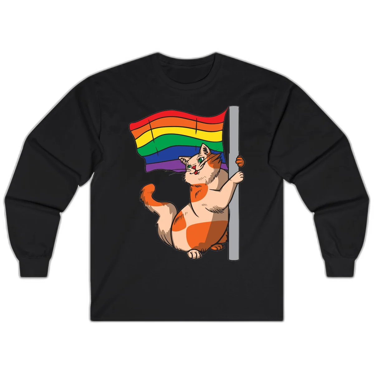 Cartoon cat holding rainbow pride flag with celebratory expression and playful pose in Black