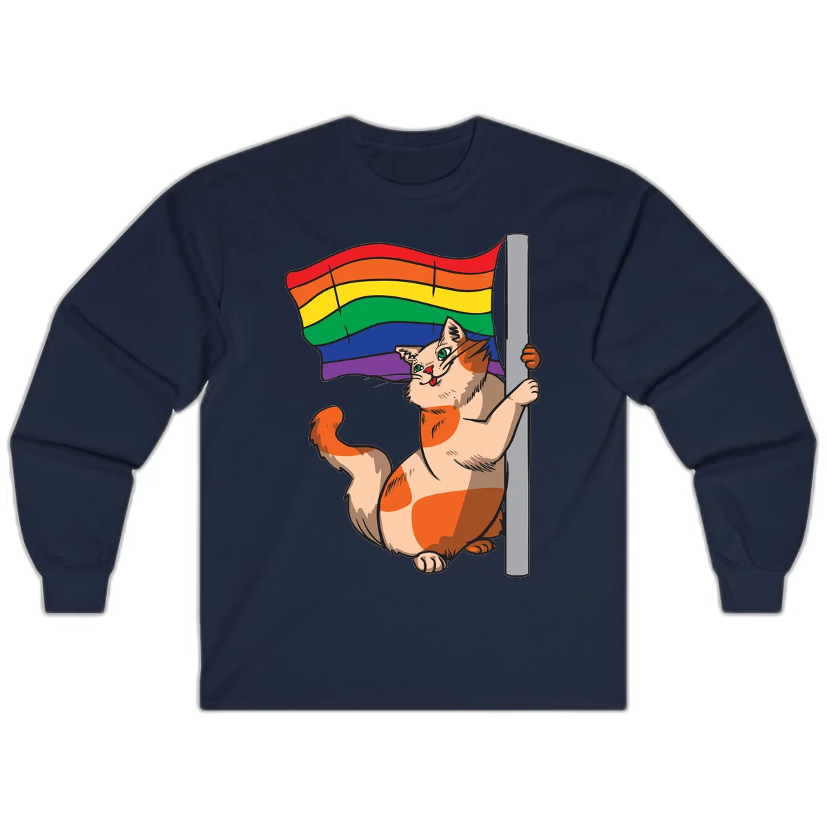 Cartoon cat holding rainbow pride flag with celebratory expression and playful pose in Navy