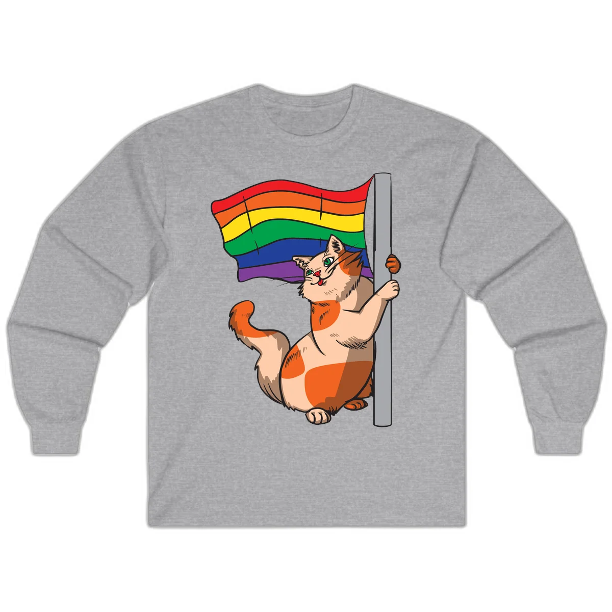 Cartoon cat holding rainbow pride flag with celebratory expression and playful pose in Sport Grey