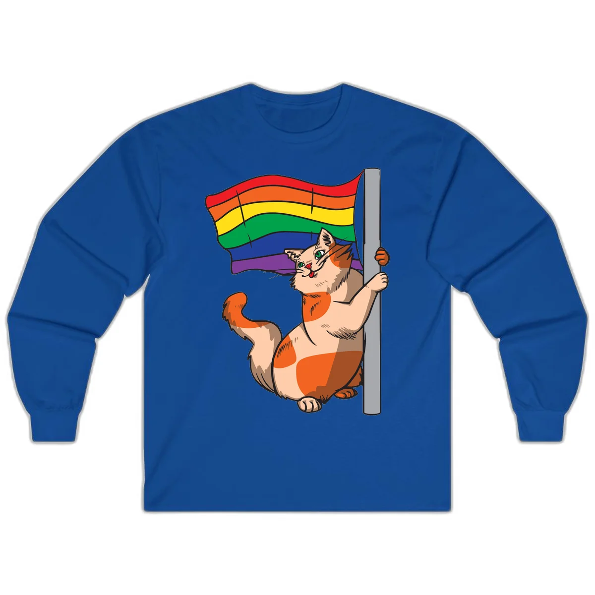 Cartoon cat holding rainbow pride flag with celebratory expression and playful pose in Royal