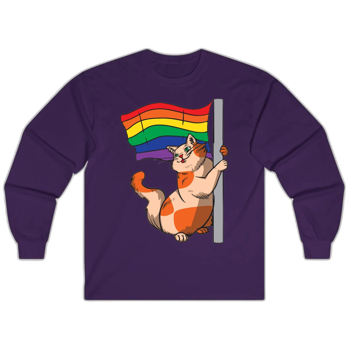 Cartoon cat holding rainbow pride flag with celebratory expression and playful pose in Purple