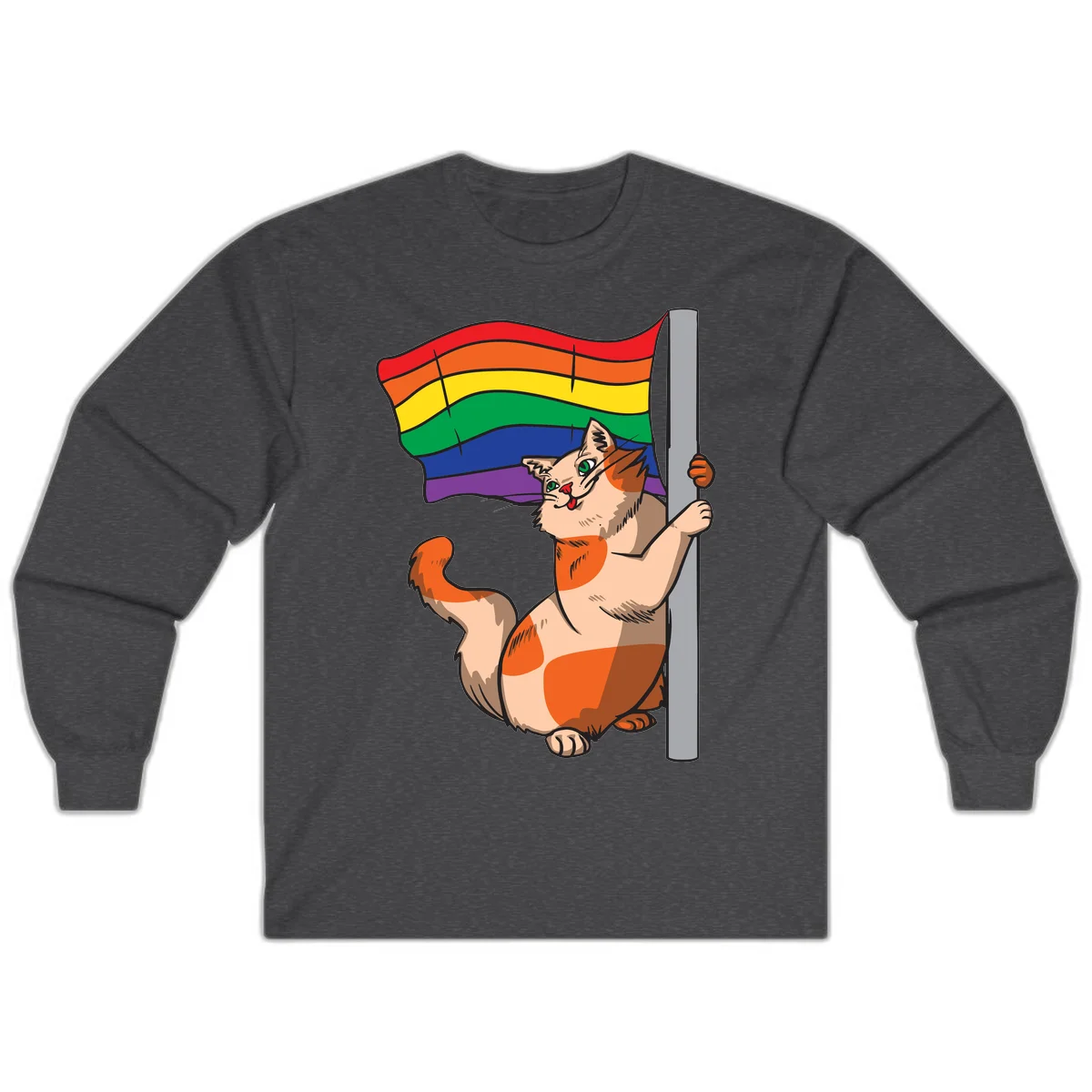 Cartoon cat holding rainbow pride flag with celebratory expression and playful pose in Dark Heather