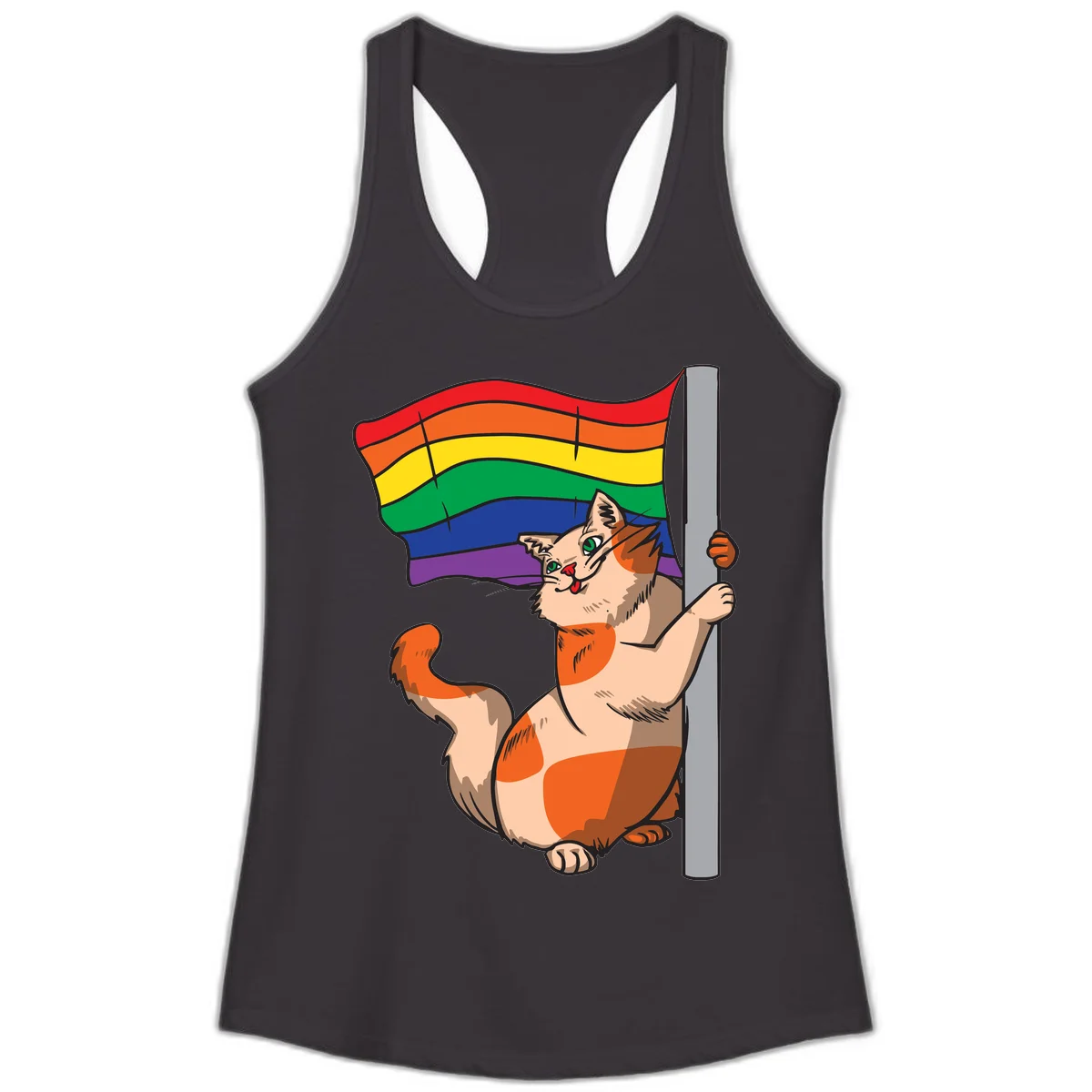 Cartoon cat holding rainbow pride flag with celebratory expression and playful pose in Black