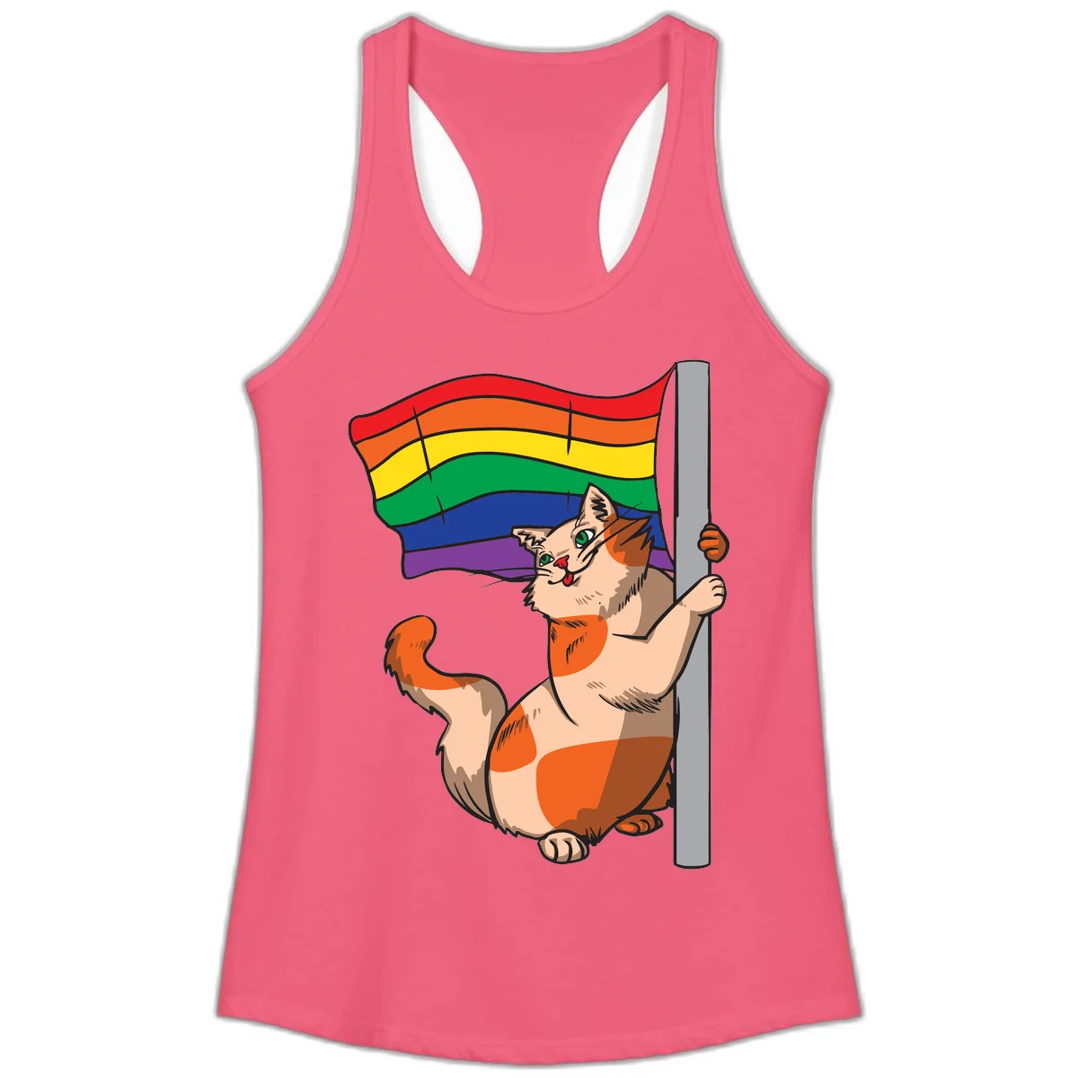 Cartoon cat holding rainbow pride flag with celebratory expression and playful pose in Hot Pink