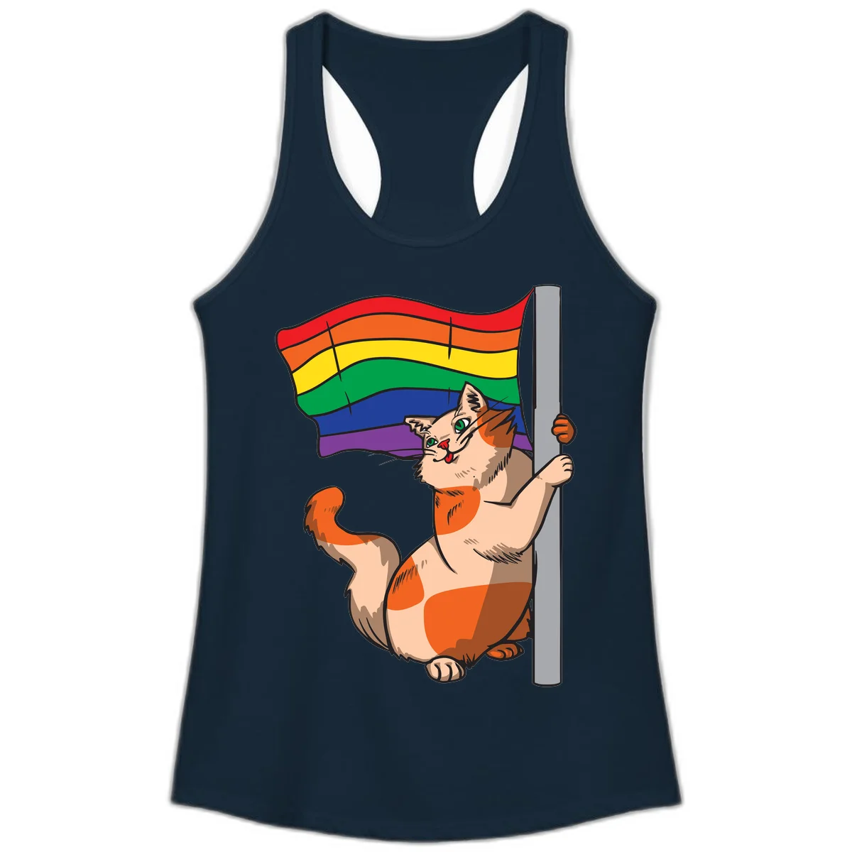 Cartoon cat holding rainbow pride flag with celebratory expression and playful pose in Solid Midnight Navy