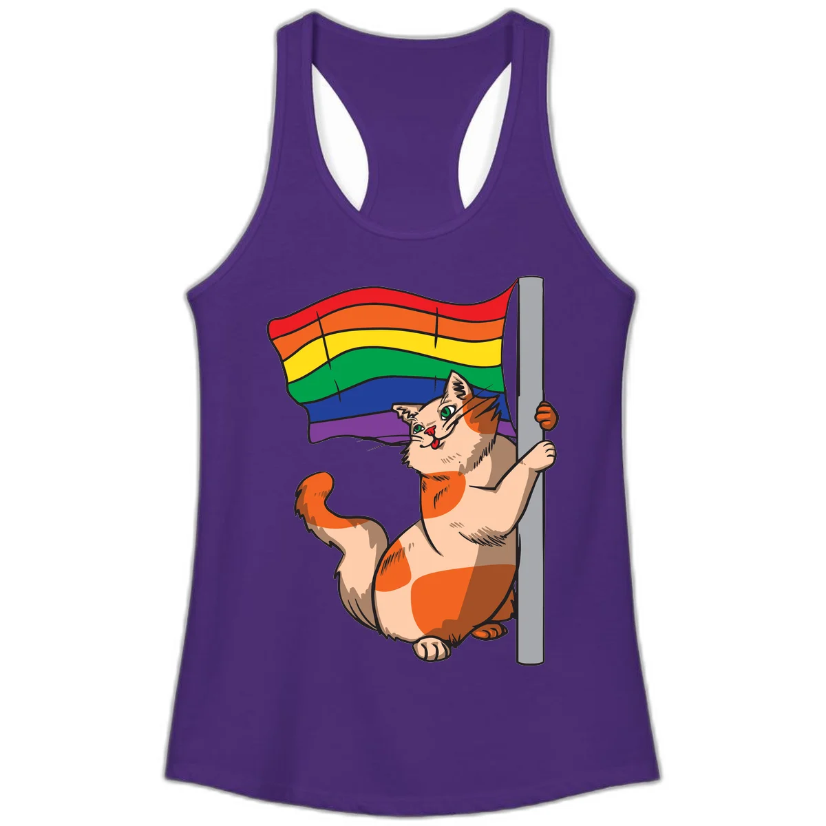 Cartoon cat holding rainbow pride flag with celebratory expression and playful pose in Solid Purple Rush