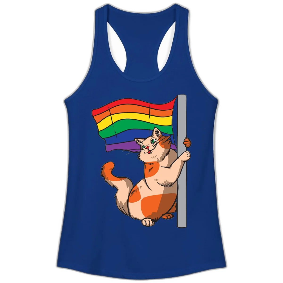 Cartoon cat holding rainbow pride flag with celebratory expression and playful pose in Solid Royal