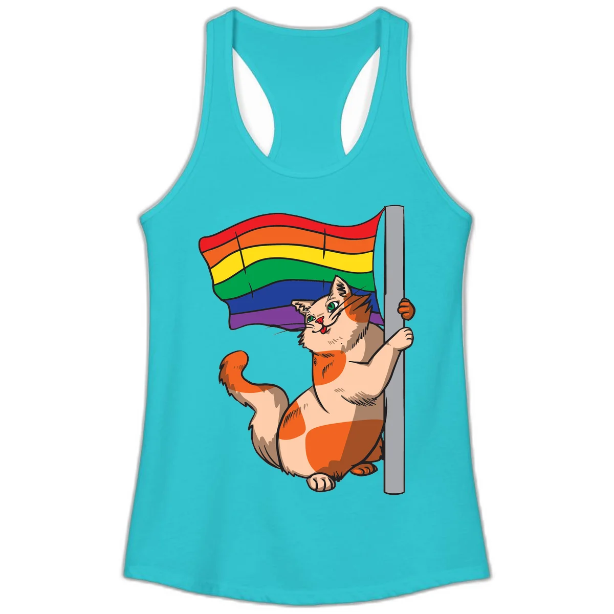 Cartoon cat holding rainbow pride flag with celebratory expression and playful pose in Solid Tahiti Blue