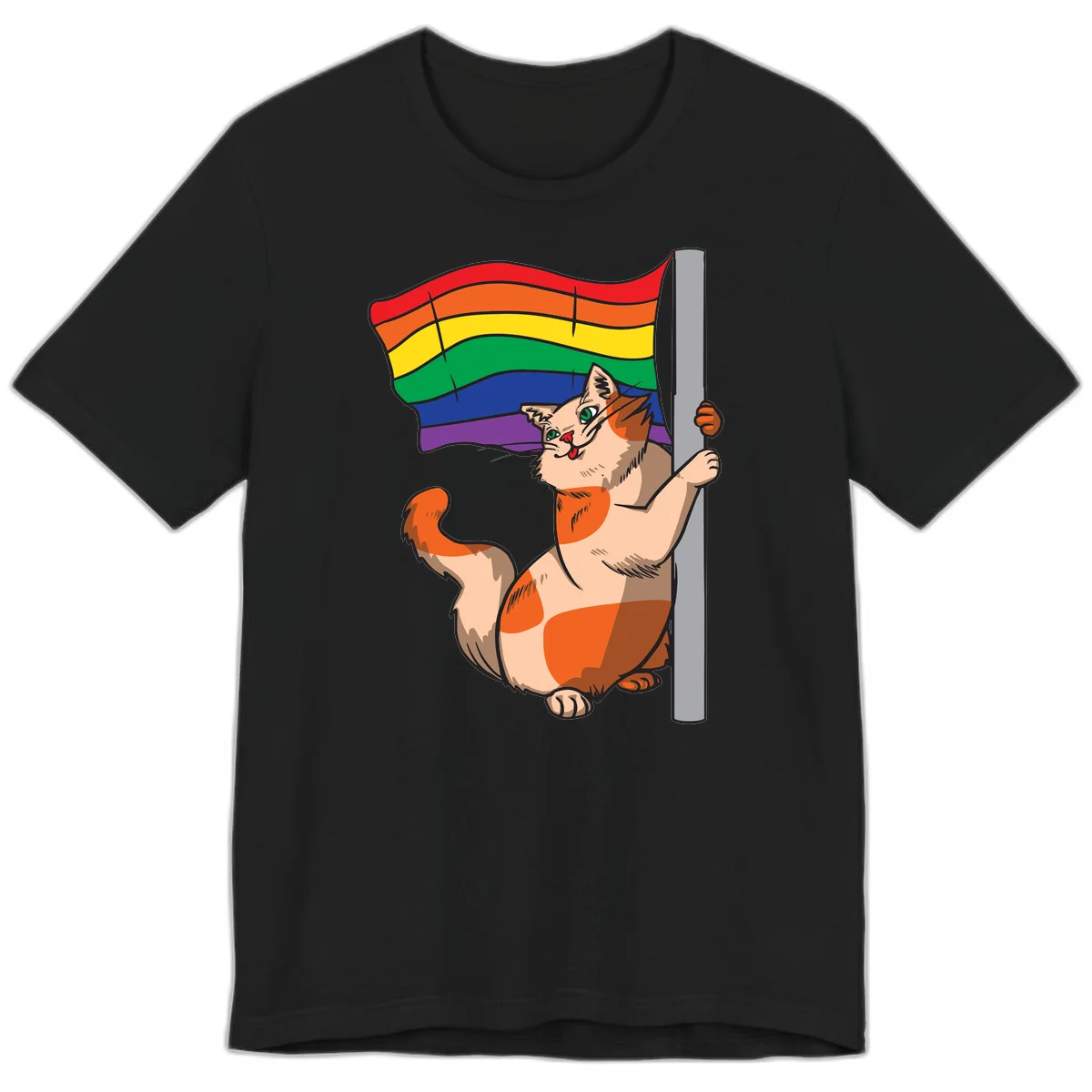 Cartoon cat holding rainbow pride flag with celebratory expression and playful pose in Black