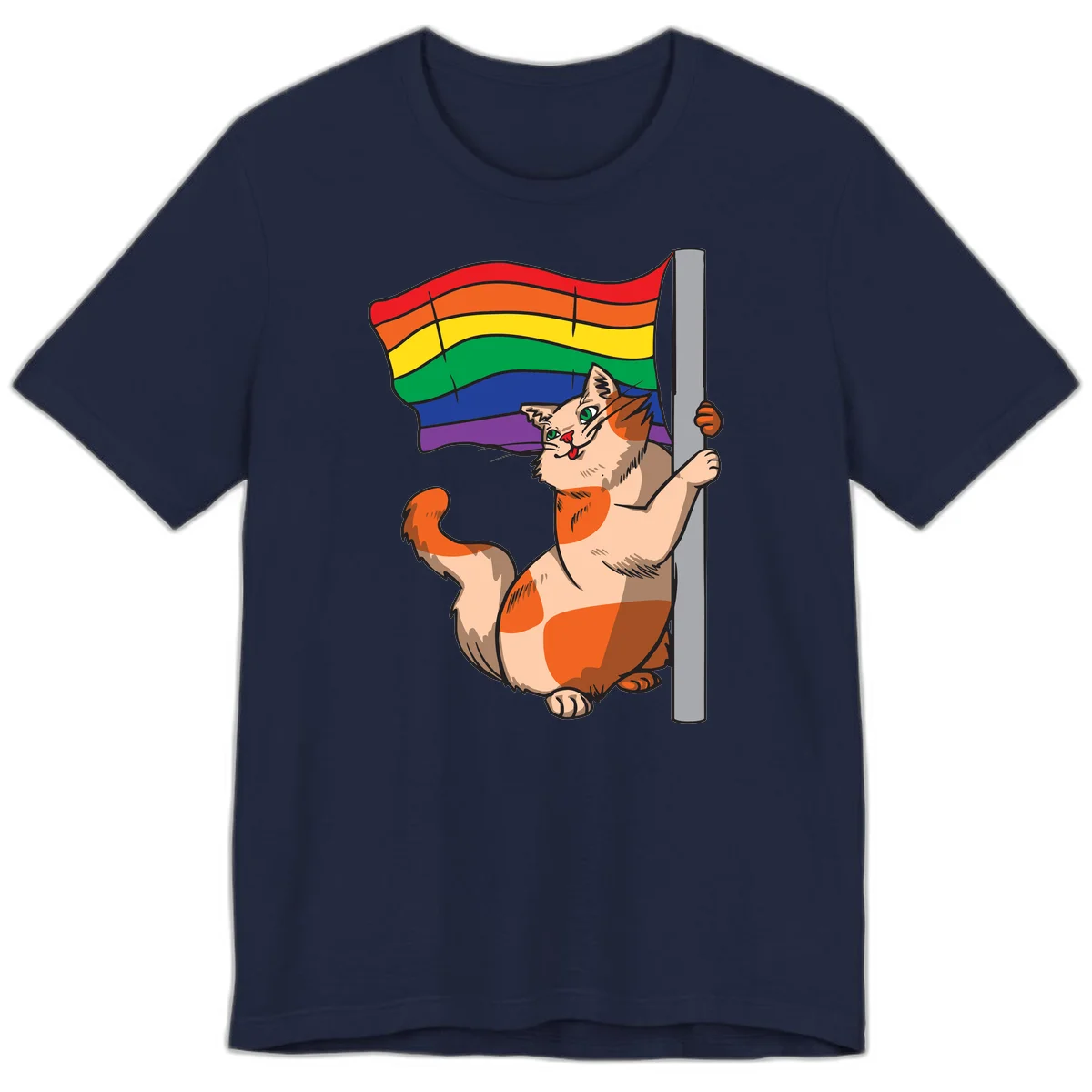 Cartoon cat holding rainbow pride flag with celebratory expression and playful pose in Navy