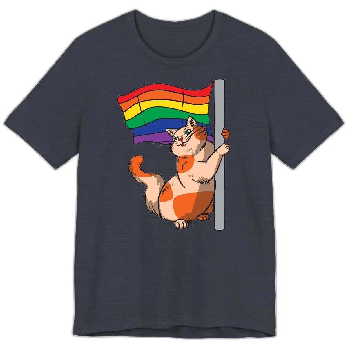 Cartoon cat holding rainbow pride flag with celebratory expression and playful pose in Heather Midnight Navy
