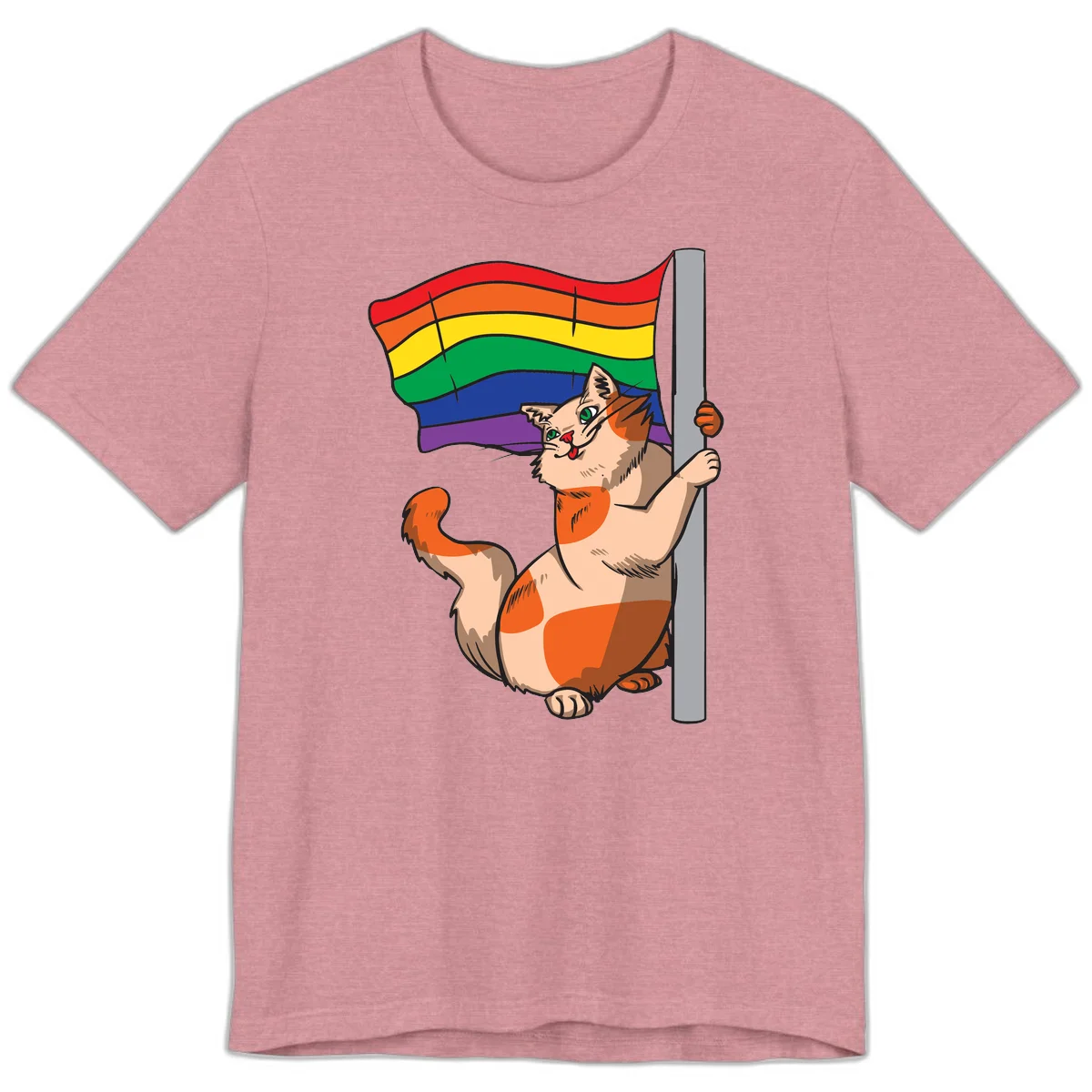 Cartoon cat holding rainbow pride flag with celebratory expression and playful pose in Heather Orchid