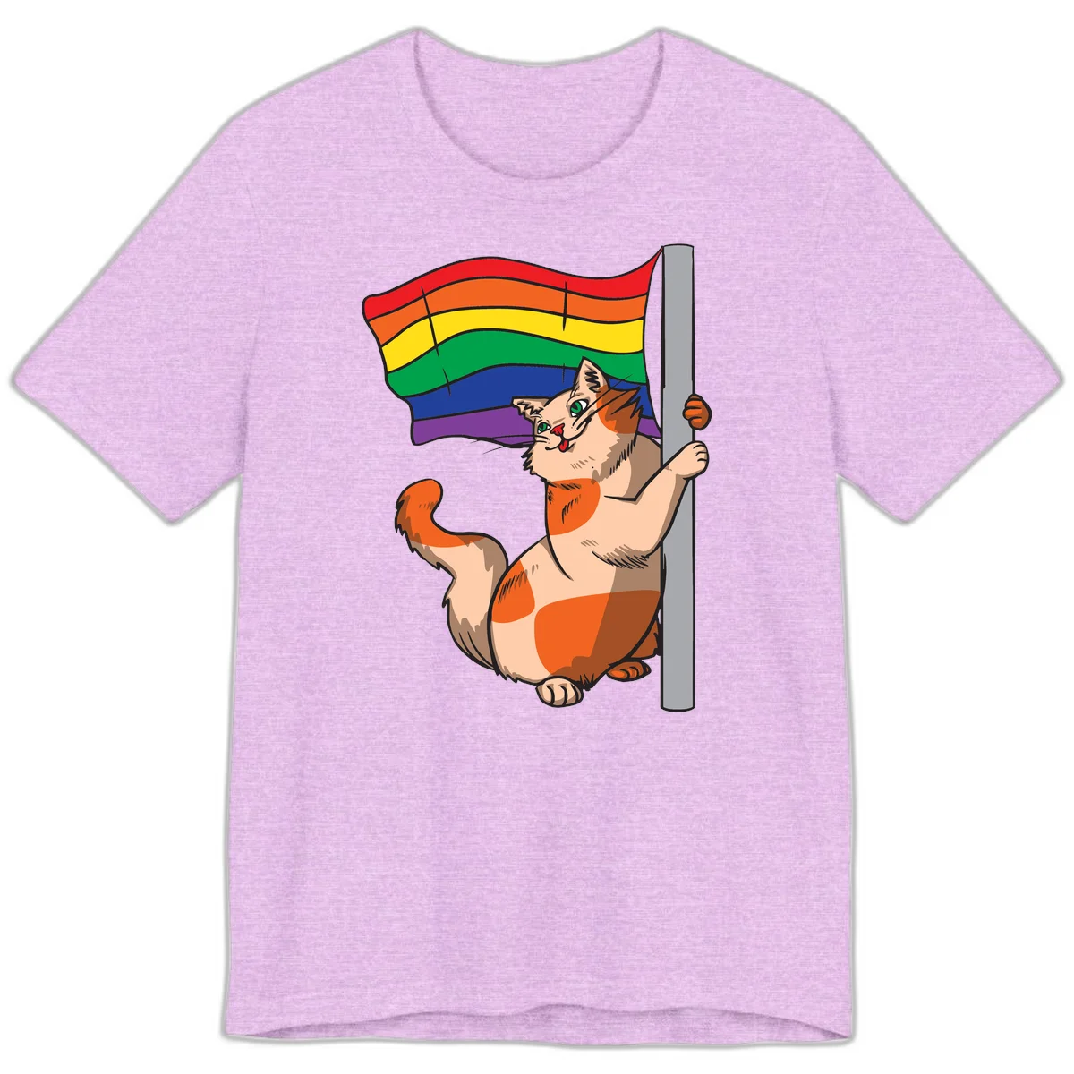 Cartoon cat holding rainbow pride flag with celebratory expression and playful pose in Heather Prism Lilac
