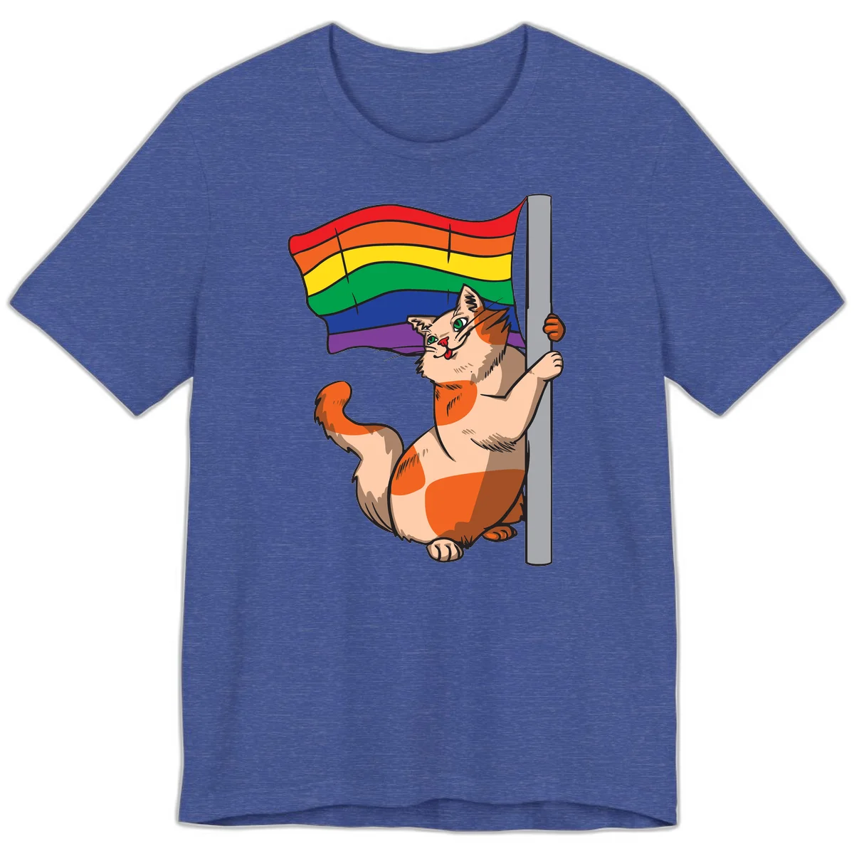 Cartoon cat holding rainbow pride flag with celebratory expression and playful pose in Heather True Royal