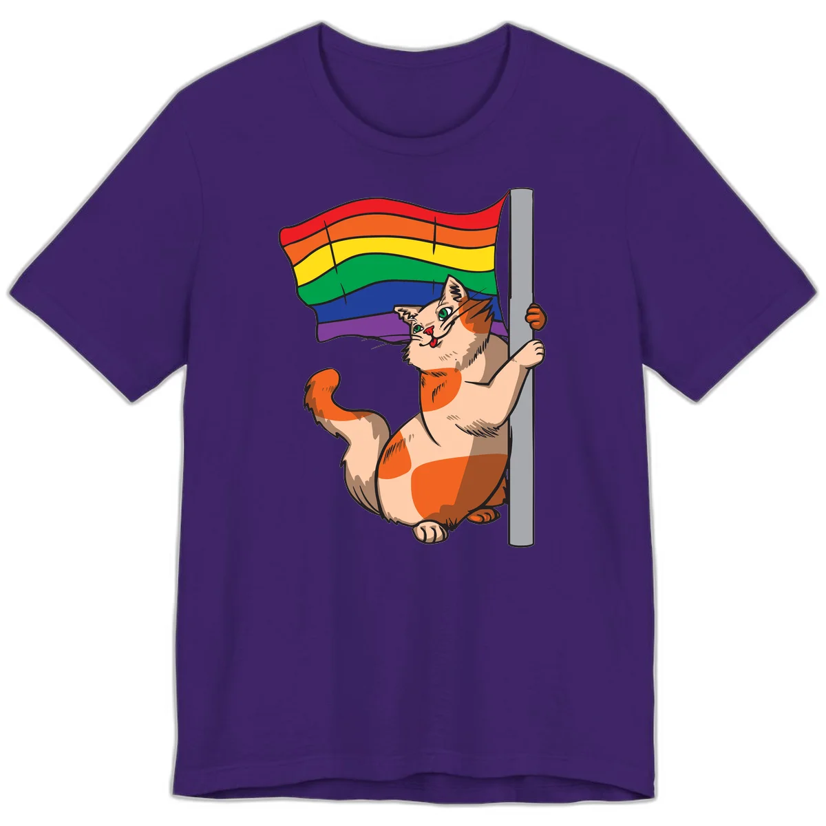 Cartoon cat holding rainbow pride flag with celebratory expression and playful pose in Team Purple