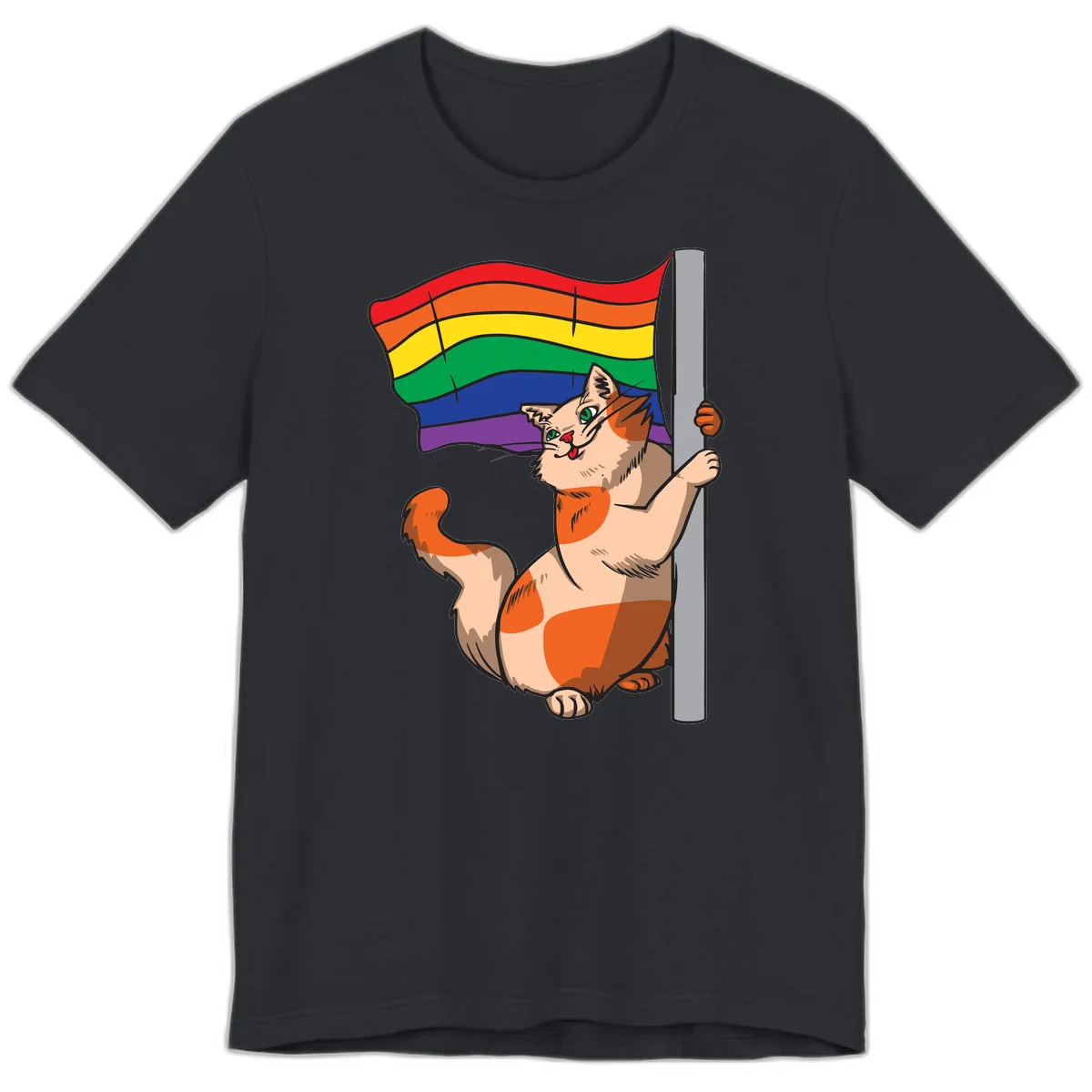 Cartoon cat holding rainbow pride flag with celebratory expression and playful pose in Vintage Black