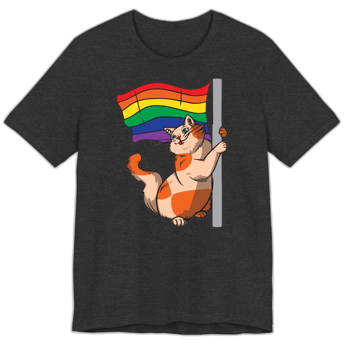 Cartoon cat holding rainbow pride flag with celebratory expression and playful pose in Dark Grey Heather
