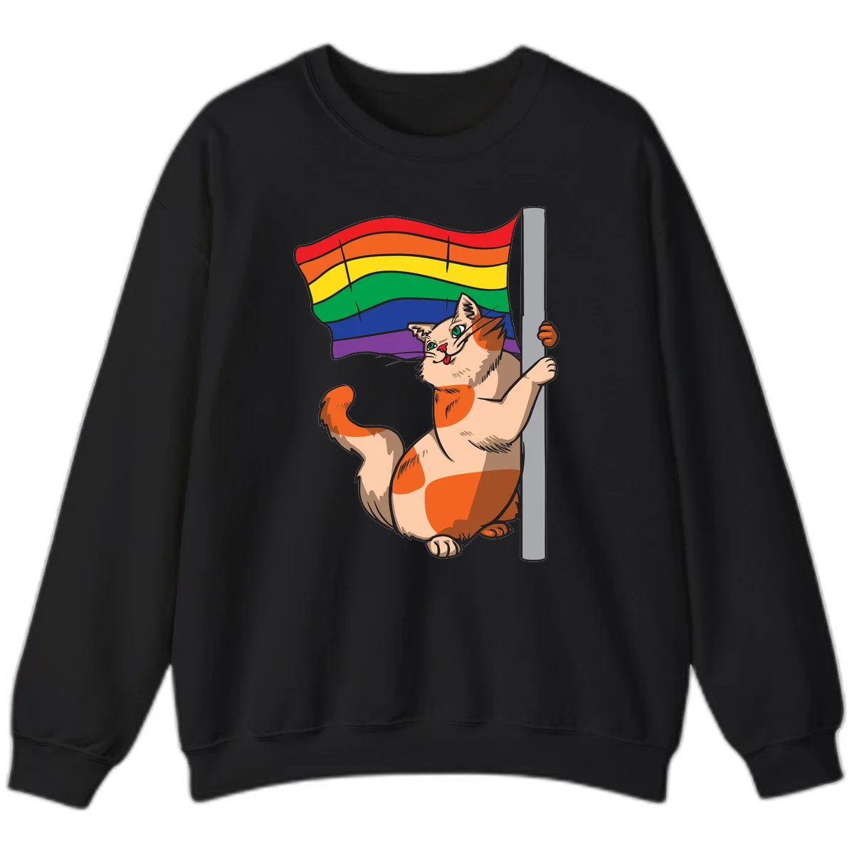 Cartoon cat holding rainbow pride flag with celebratory expression and playful pose in Black