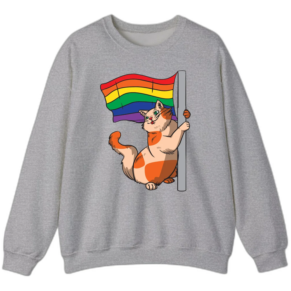Cartoon cat holding rainbow pride flag with celebratory expression and playful pose in Sport Grey