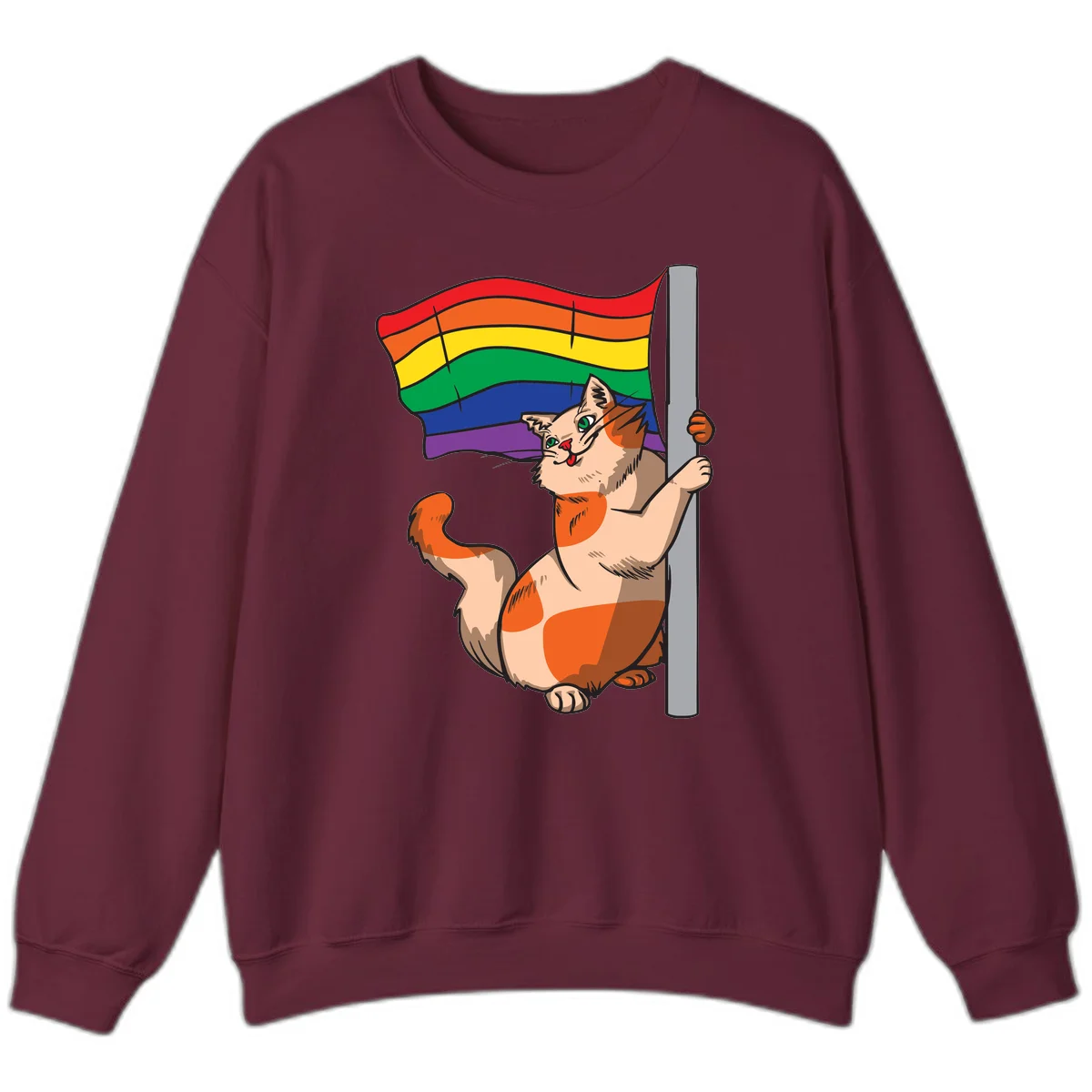 Cartoon cat holding rainbow pride flag with celebratory expression and playful pose in Maroon