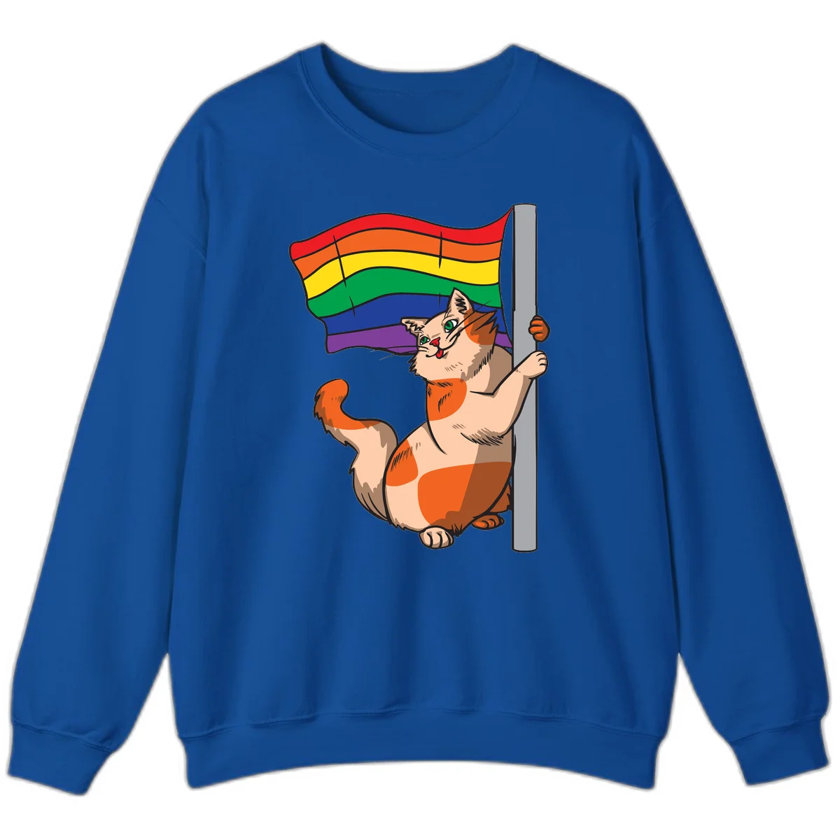 Cartoon cat holding rainbow pride flag with celebratory expression and playful pose in Royal