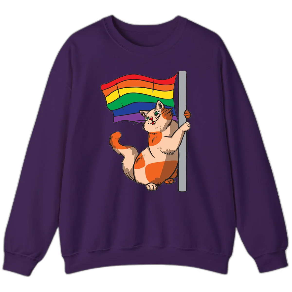 Cartoon cat holding rainbow pride flag with celebratory expression and playful pose in Purple