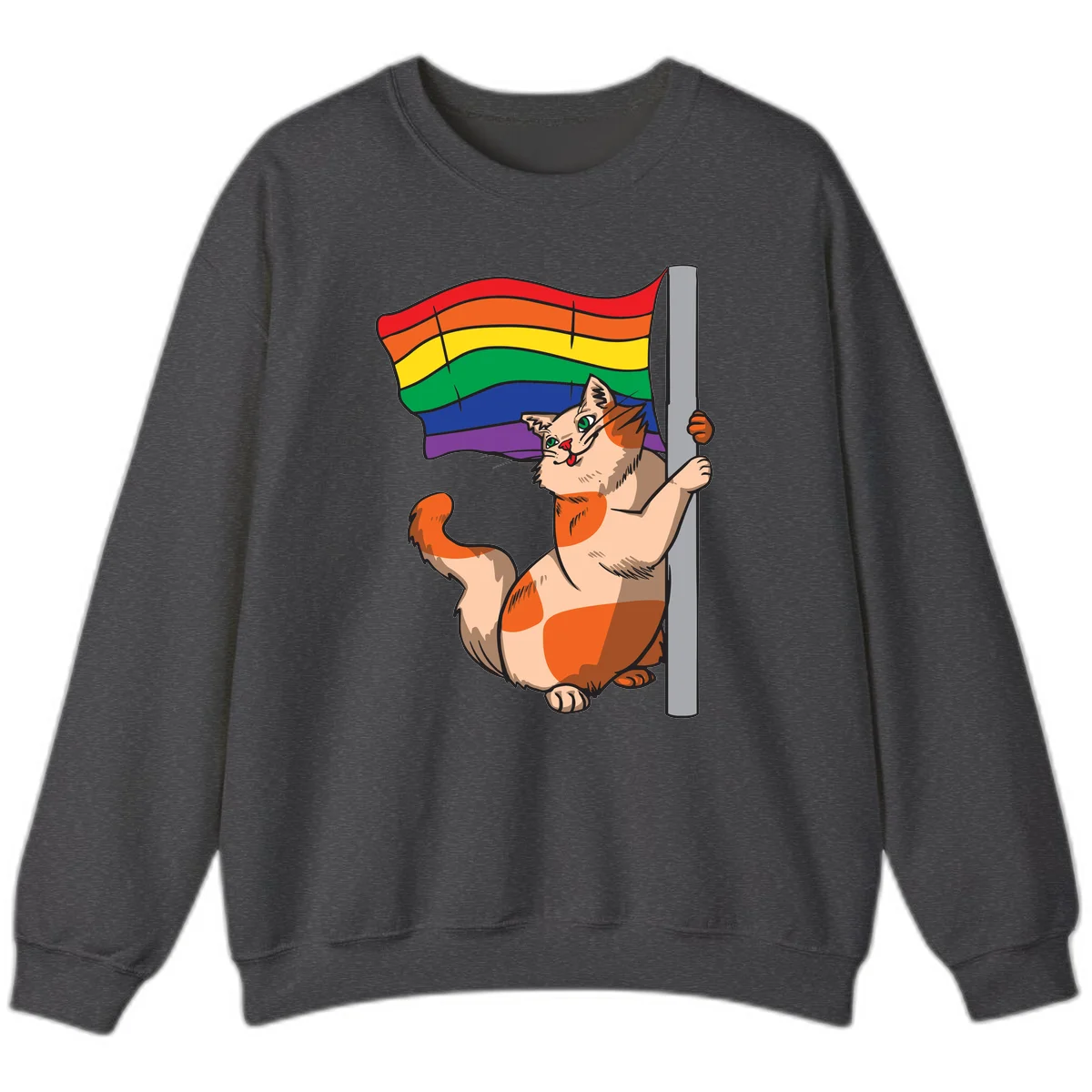 Cartoon cat holding rainbow pride flag with celebratory expression and playful pose in Dark Heather