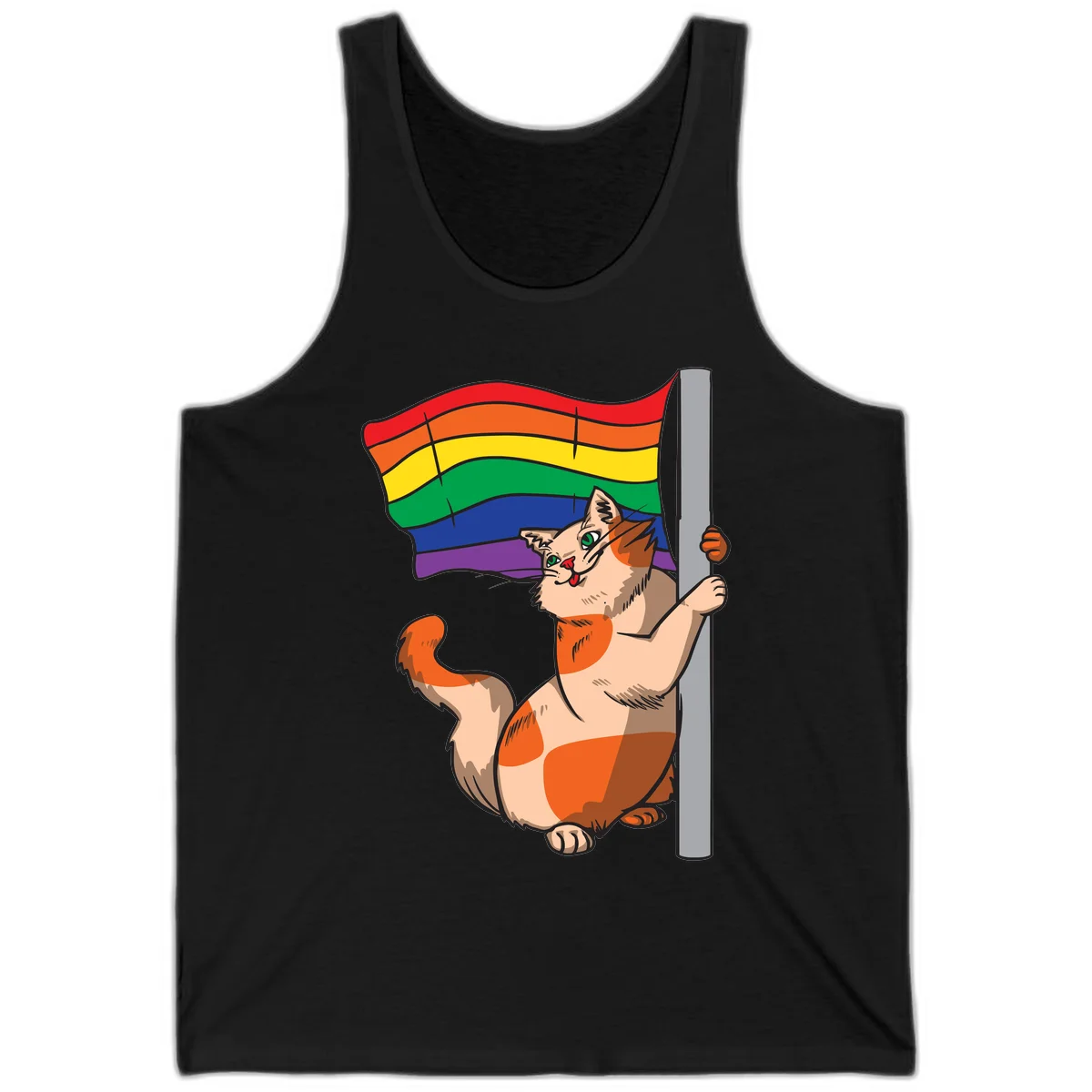 Cartoon cat holding rainbow pride flag with celebratory expression and playful pose in Black