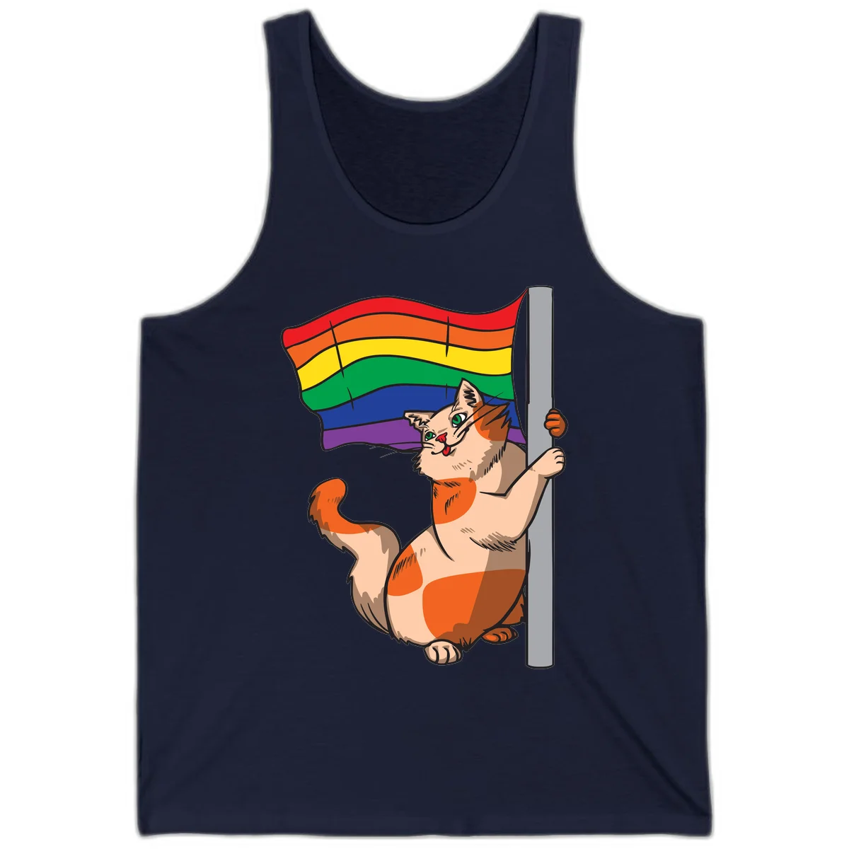 Cartoon cat holding rainbow pride flag with celebratory expression and playful pose in Navy