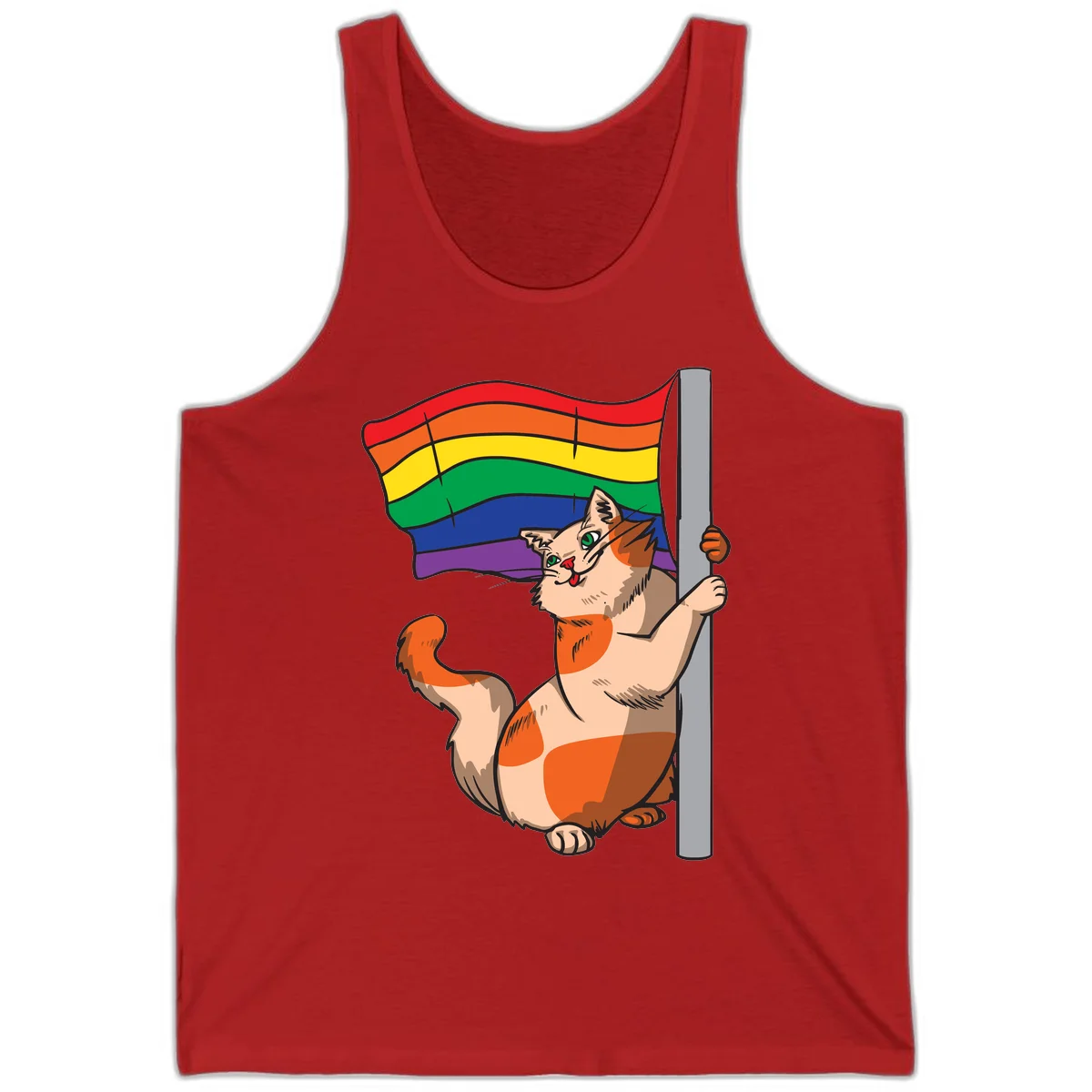 Cartoon cat holding rainbow pride flag with celebratory expression and playful pose in Red
