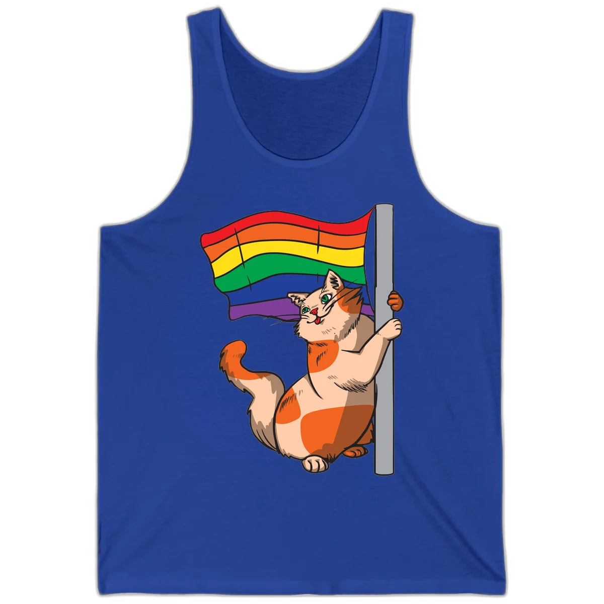 Cartoon cat holding rainbow pride flag with celebratory expression and playful pose in True Royal