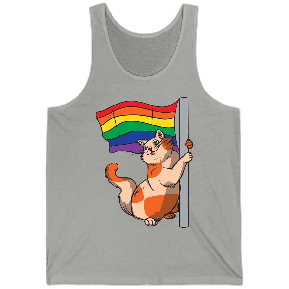 Cartoon cat holding rainbow pride flag with celebratory expression and playful pose in Athletic Heather