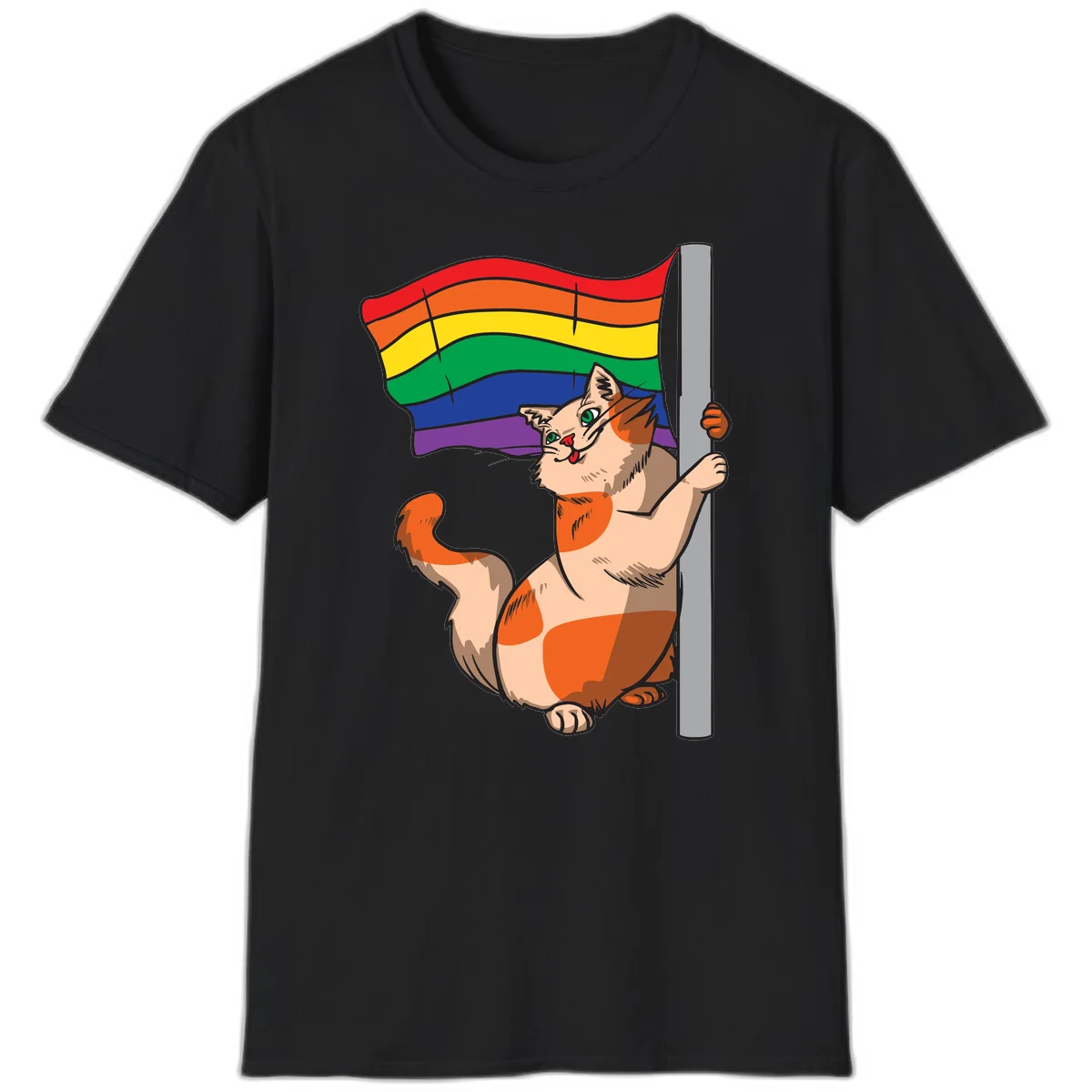 Cartoon cat holding rainbow pride flag with celebratory expression and playful pose in Black