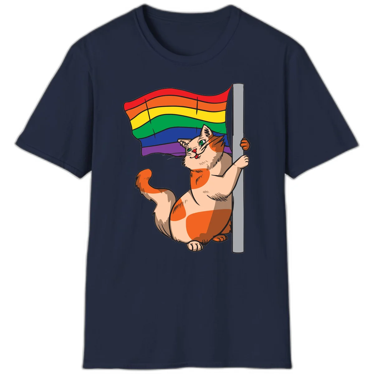 Cartoon cat holding rainbow pride flag with celebratory expression and playful pose in Navy