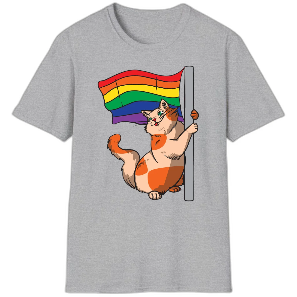 Cartoon cat holding rainbow pride flag with celebratory expression and playful pose in Sport Grey