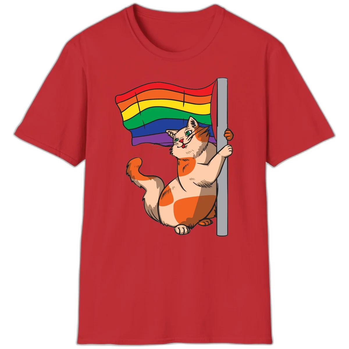Cartoon cat holding rainbow pride flag with celebratory expression and playful pose in Red