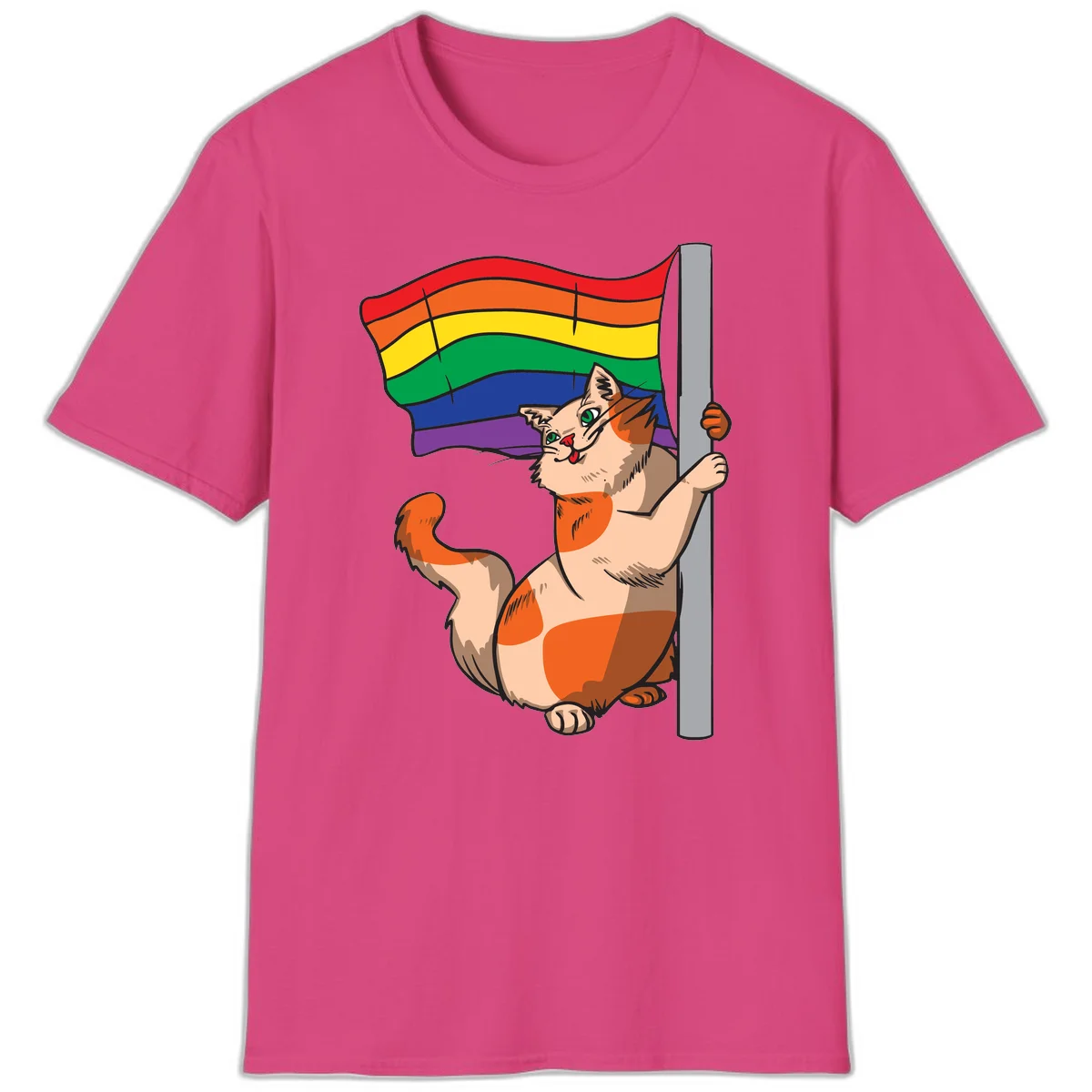 Cartoon cat holding rainbow pride flag with celebratory expression and playful pose in Heliconia