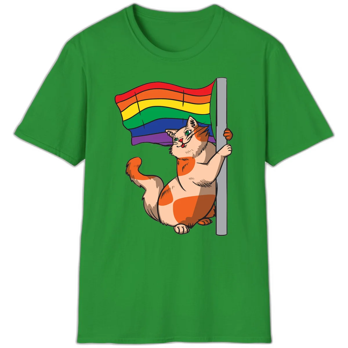 Cartoon cat holding rainbow pride flag with celebratory expression and playful pose in Irish Green