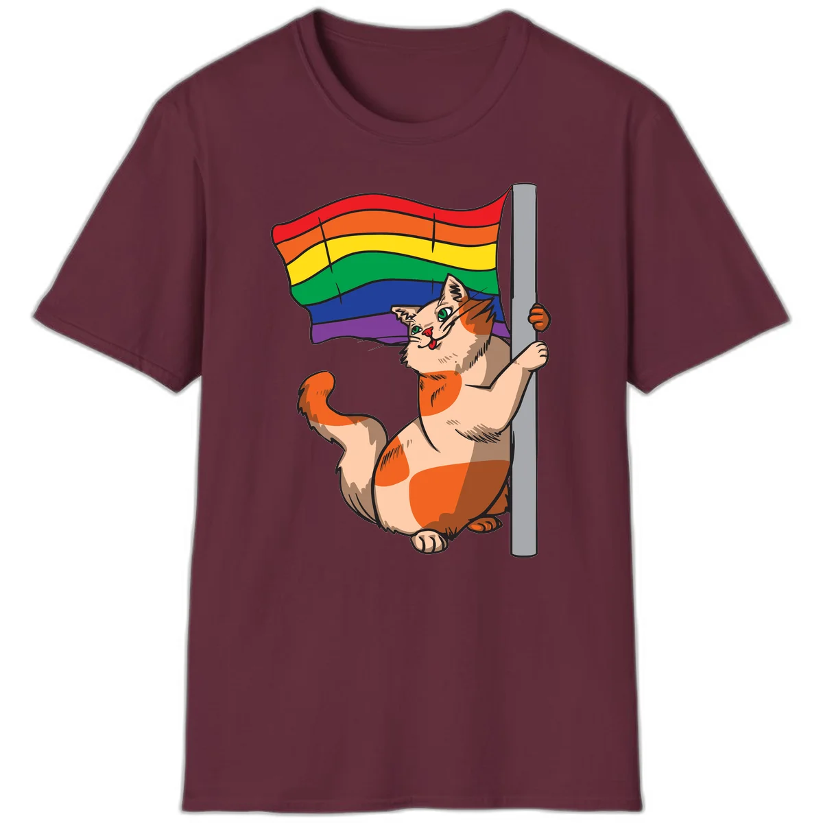 Cartoon cat holding rainbow pride flag with celebratory expression and playful pose in Maroon